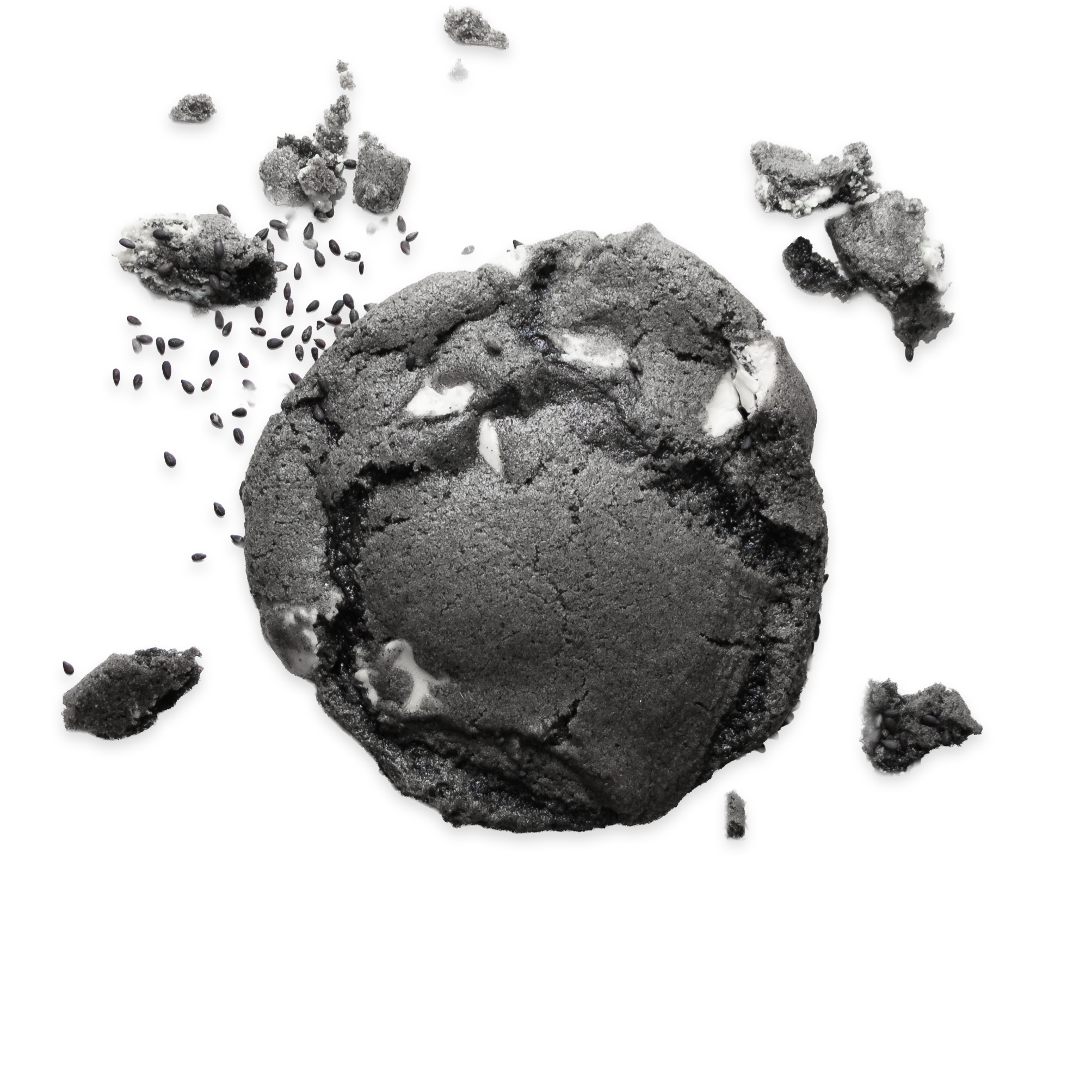 Black sesame cookie with white chocolate chips and sesame seeds