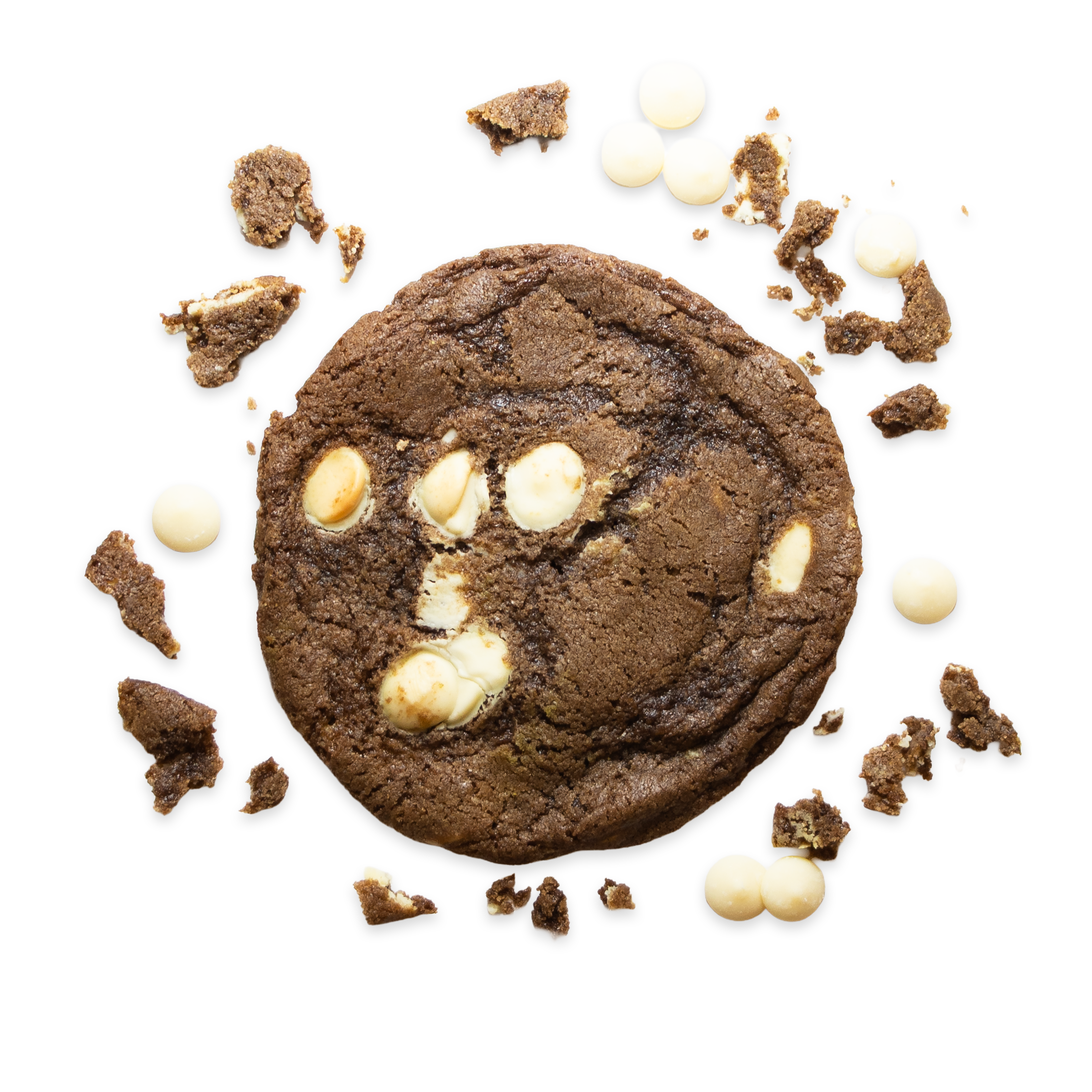 hojicha cookie with white chocolate and hojicha crumbs around it