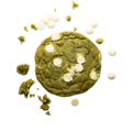 Matcha cookie surrounded by crumbs and white chocolate chunks